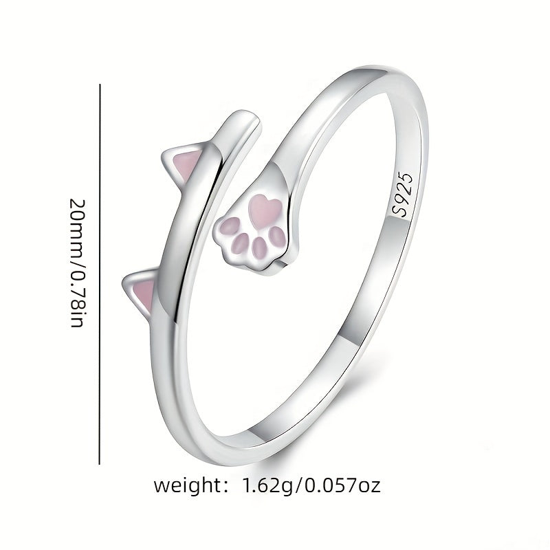 925 Sterling Silver Cute Cat Paw Ring – Adjustable Pink Cat Paw Wrap Ring for Women