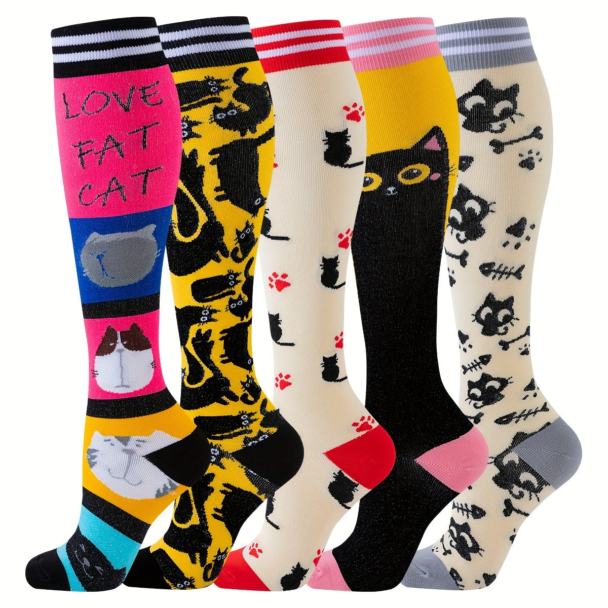 5 Pairs of Cartoon Cat Patterned Men's Over-The-Calf Breathable Compression Socks – Soft, Comfy, Moisture-Wicking, and Stylish for Outdoor Fitness Exercises