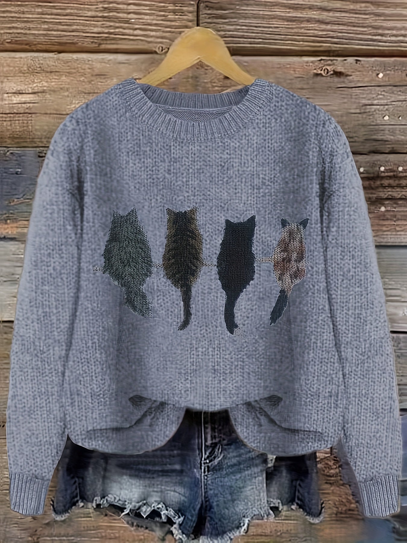 Cat Print Crew Neck Color Block Casual Pullover Sweater