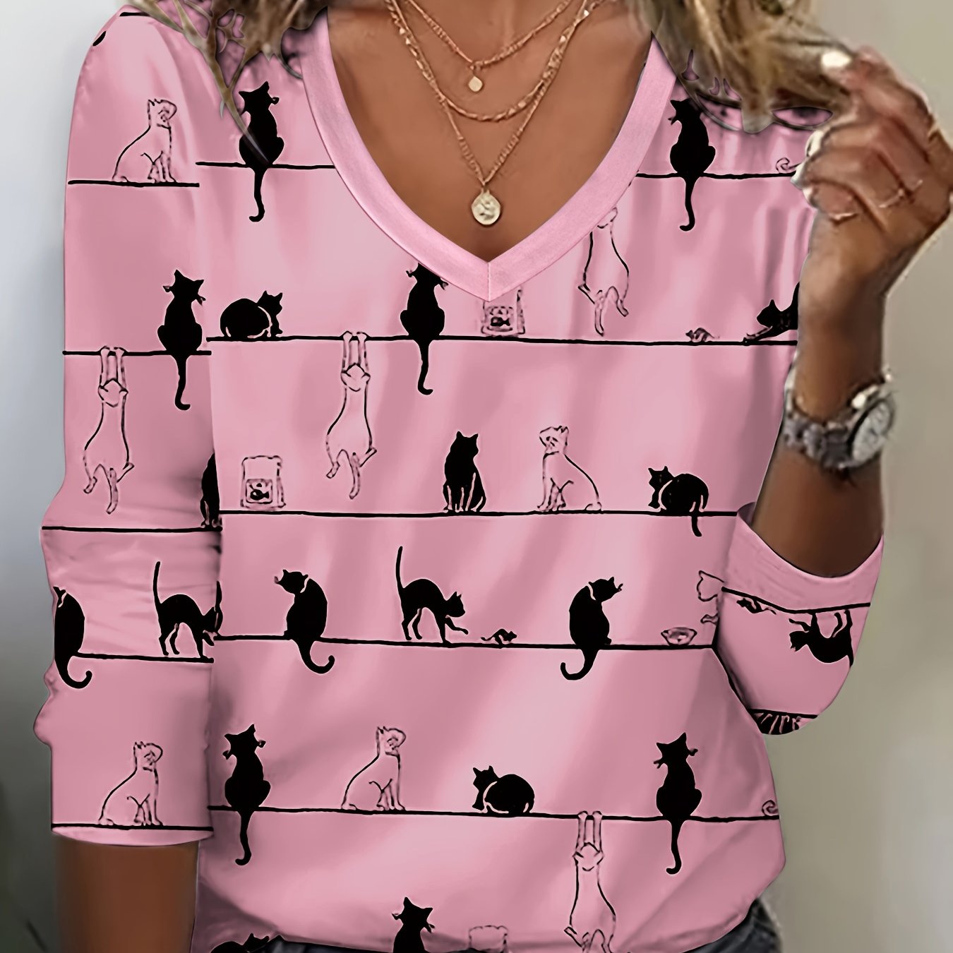 Cute Cat Print V-Neck T-Shirt – Casual Long Sleeve Top for Women