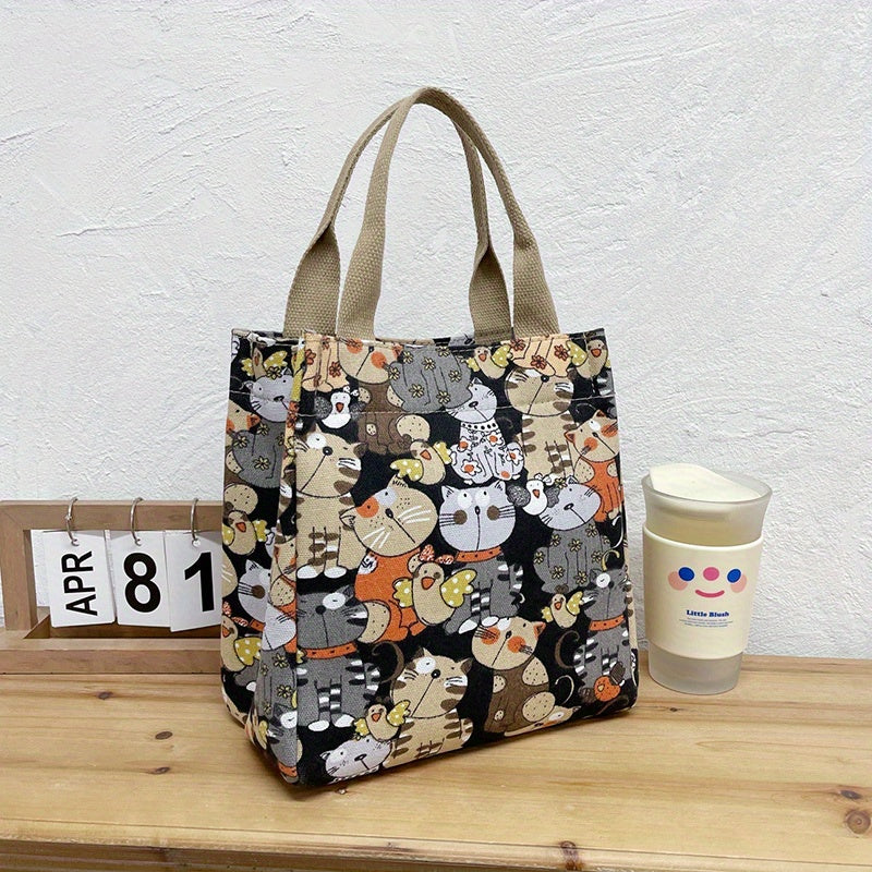 Cartoon Canvas Cat Print Lunch Bag – Portable and Stylish Storage for Work or School