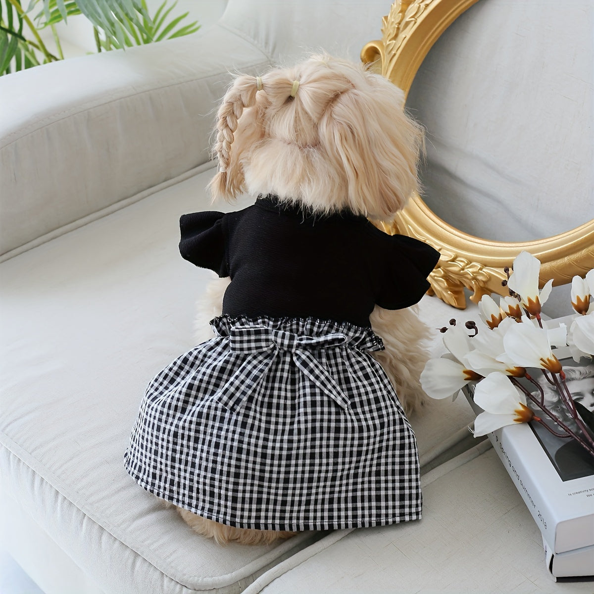 Dog Pastoral Plaid Bow Bud Dress with Flying Sleeves