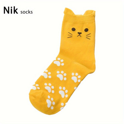 WhimsyCat Women’s Crew Socks – Cute Cat Face & Paw Print Design