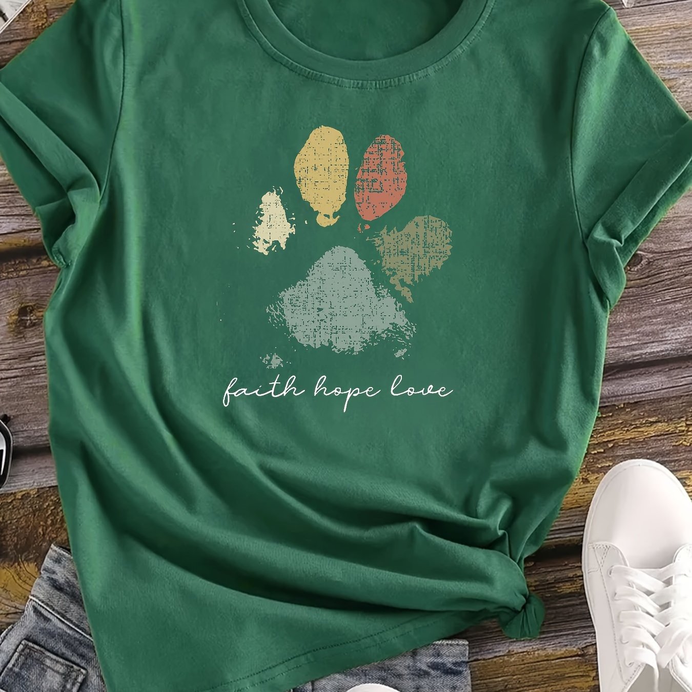 Colorblock Paw Print Crew Neck T-Shirt – Casual Short Sleeve Top for Spring & Summer