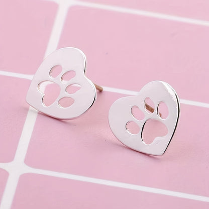 Heart-Shaped Hollow Animal Footprint Stud Earrings – Cute & Elegant Stainless Steel Jewelry