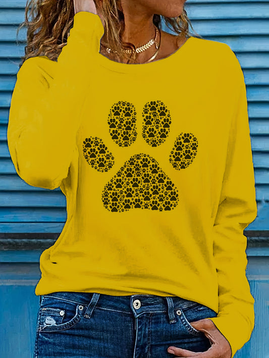 Adorable Puppy Paw Print Tee - Soft, Casual, Long Sleeve Crew Neck T-shirt for Women - Comfortable, Relaxed Fit, Animal Lover's Gift Idea, Women's Clothing