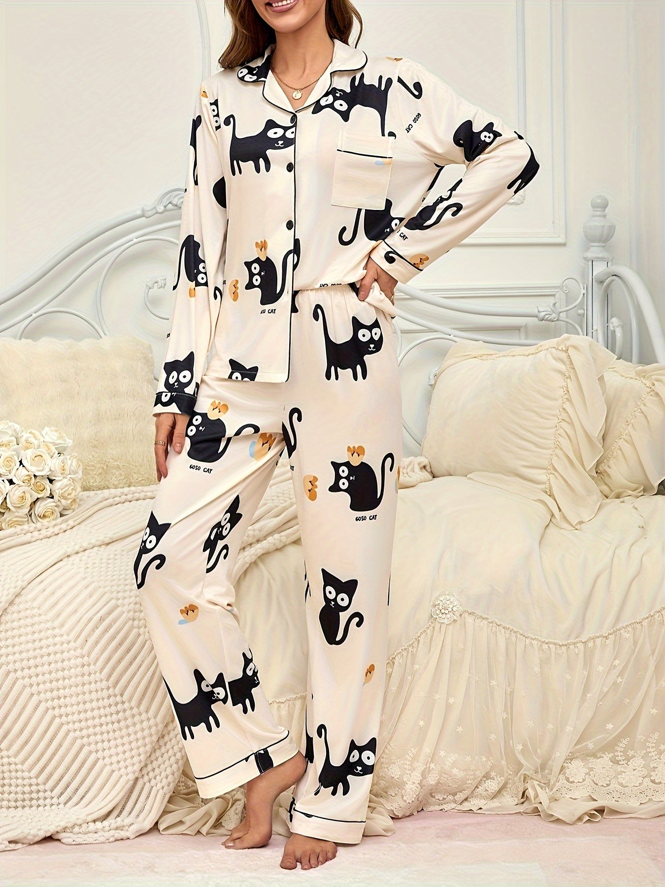 Cozy Women's Pajama Set with Cute Cat Print – Perfect for Fall & Winter