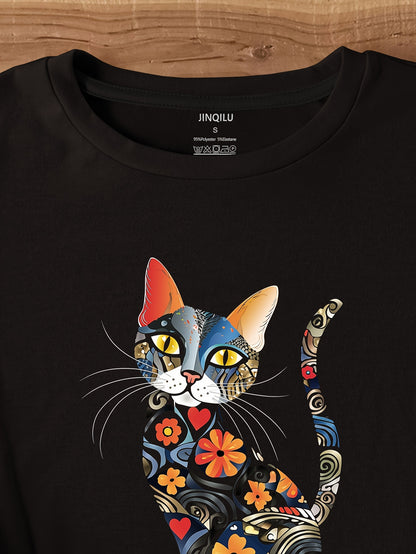 Short Sleeve Cat Print Crew Neck T-Shirt for Women – Casual Spring & Summer Clothing