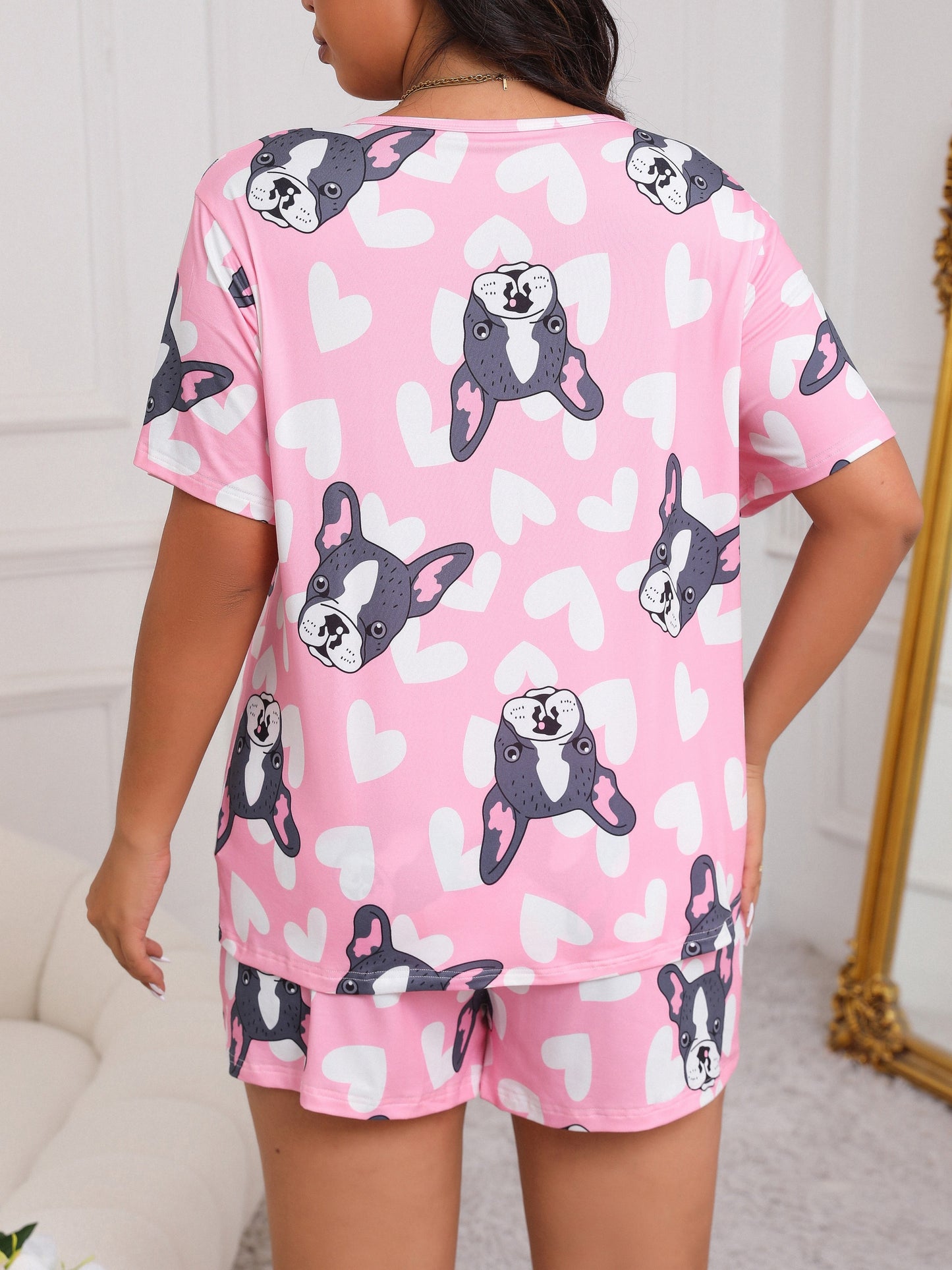 Women's Plus Size Cute Dog & Hearts Print Short Sleeve Top & Shorts Pajama Set – Casual Lounge Sleepwear Set