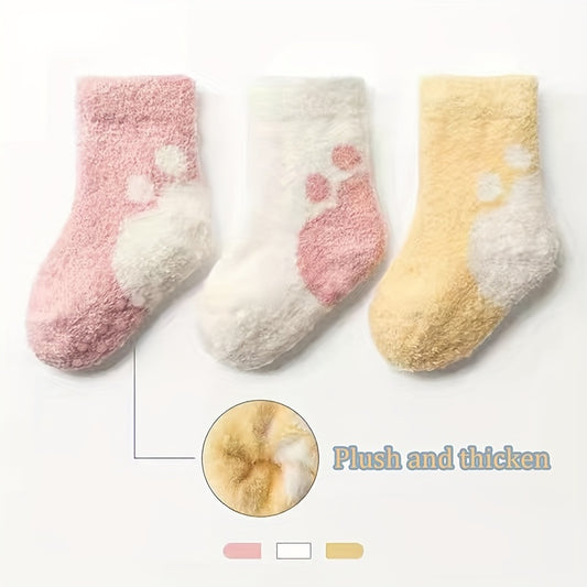 Kid's Soft & Skin-Friendly Color Block Paw Pattern Socks – 3 Pairs for Autumn & Winter