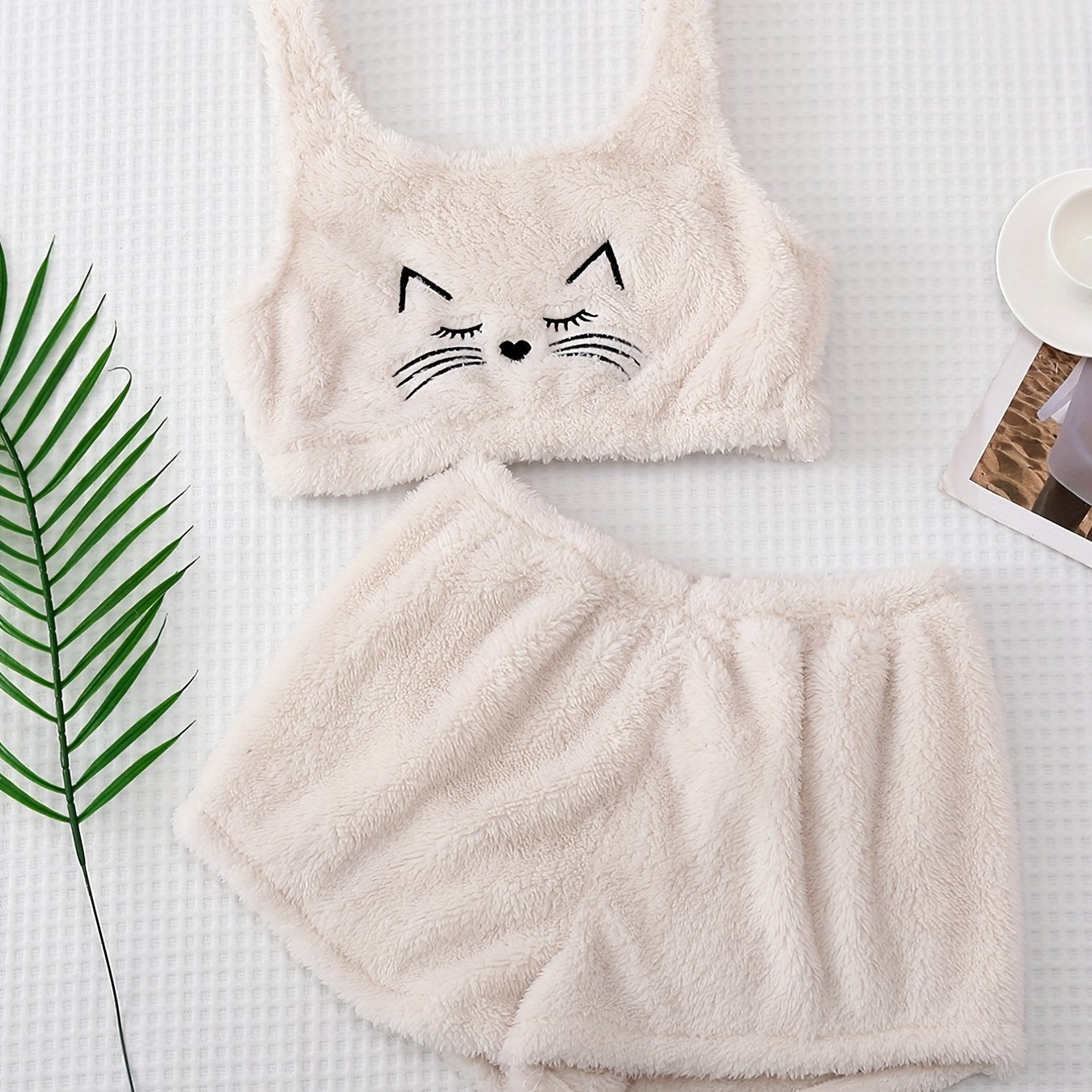 Cat Print Plush Pajama Set – Crew Neck Tank Top & Elastic Waistband Shorts