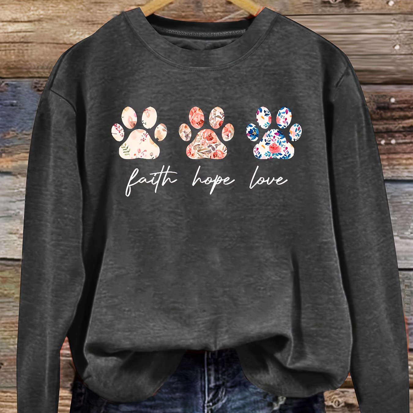 Women's Vintage Floral and Puppy Paw Print Crew Neck Top – Casual Long Sleeve, Polyester Blend