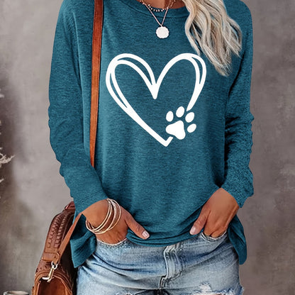 Dog Paw Heart Pattern T-Shirt – Women's Long Sleeve Casual Top for Fall & Spring