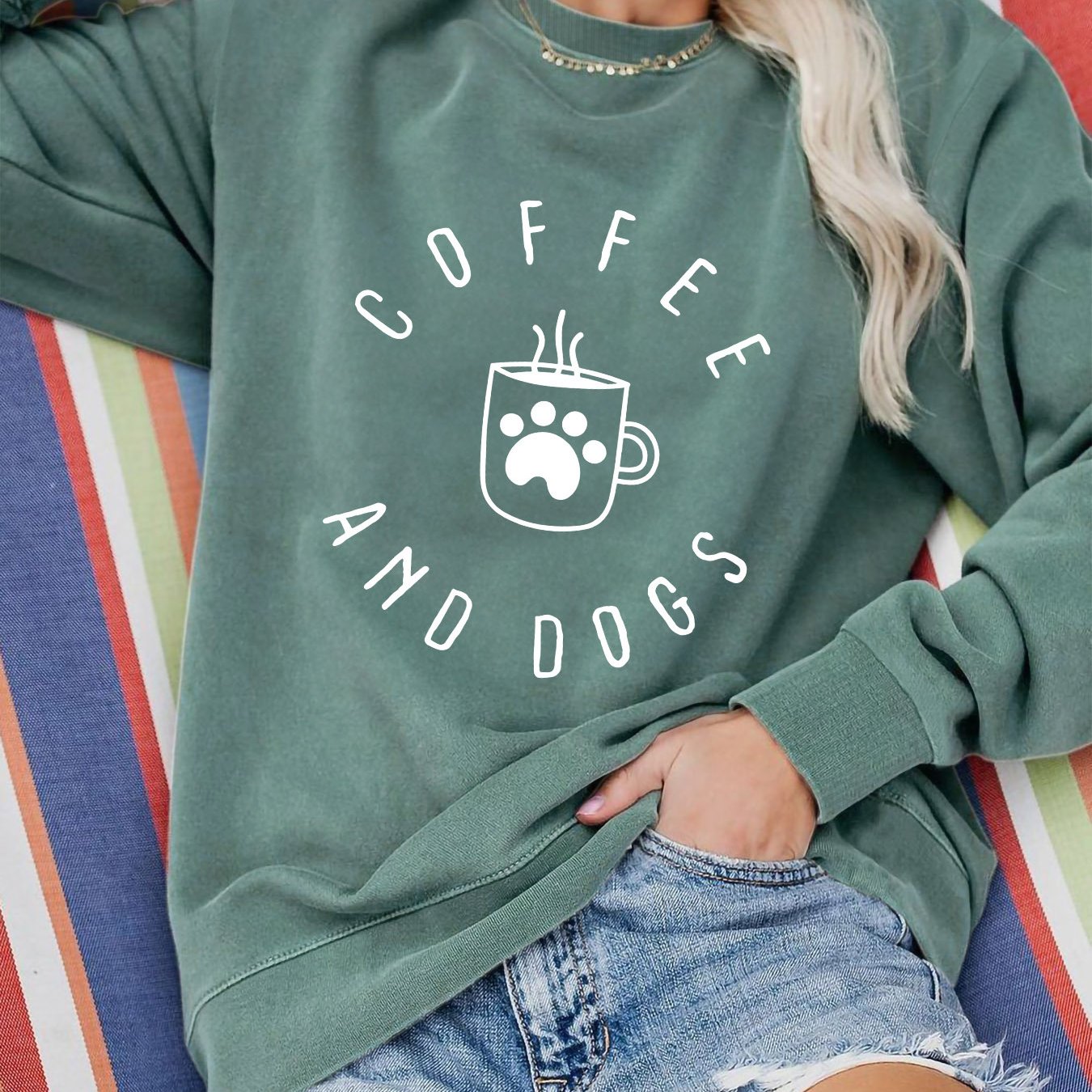 Coffee and Dogs Letter Print Round Neck Long Sleeve Sweater – Cozy & Stylish for Dog Lovers