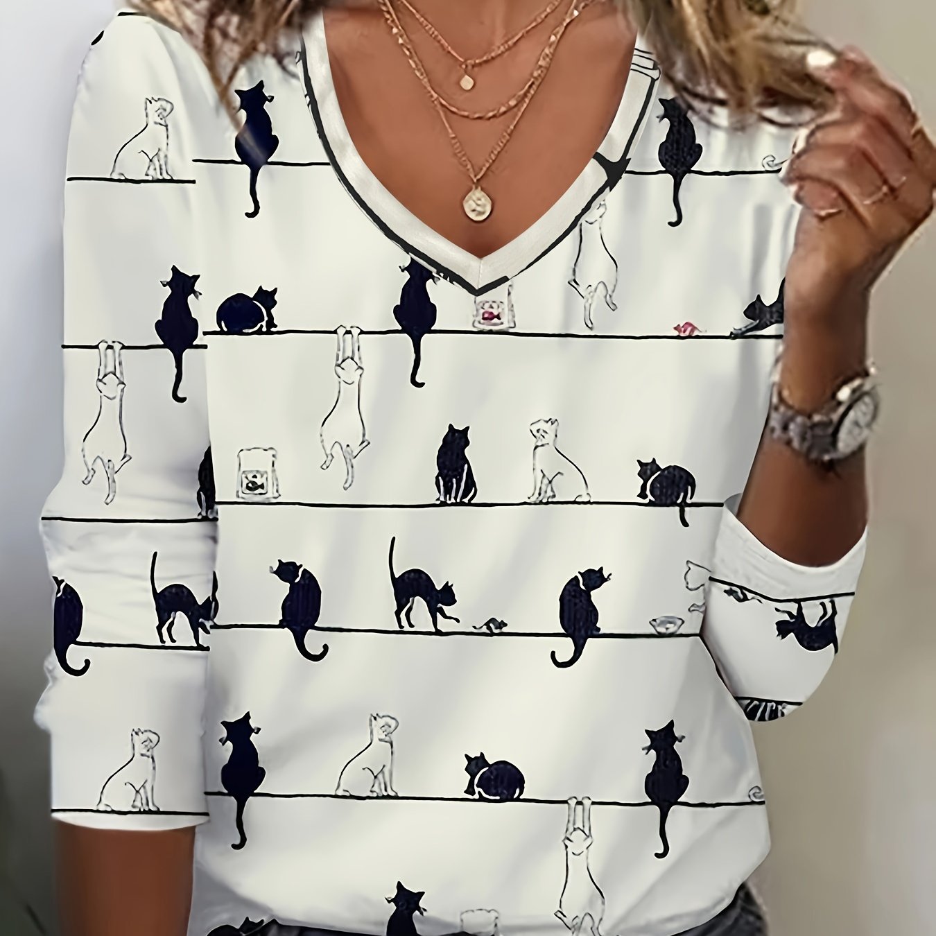 Cute Cat Print V-Neck T-Shirt – Casual Long Sleeve Top for Women