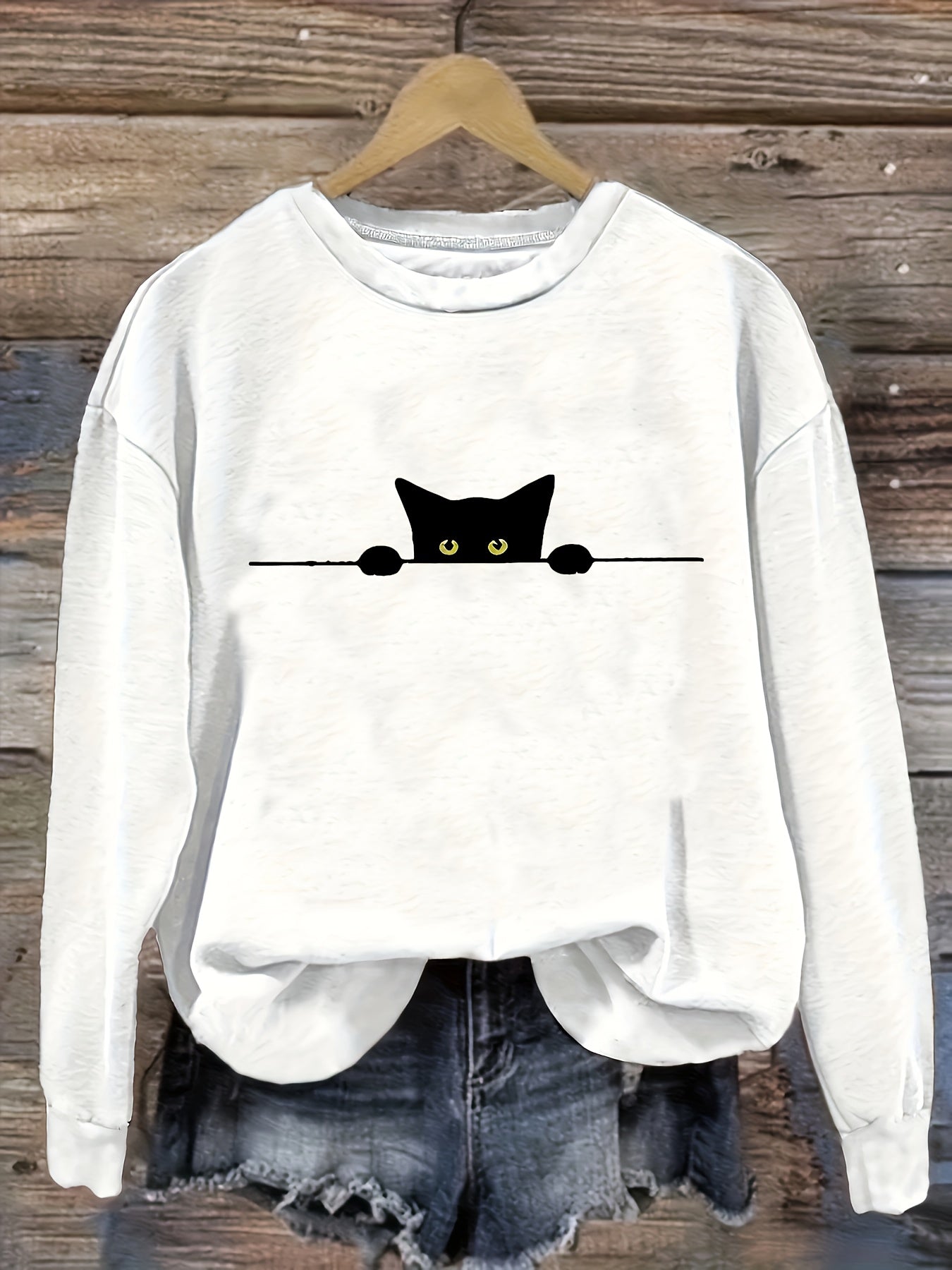 Cat Print Pullover Sweatshirt – Casual Long Sleeve Crew Neck Sweatshirt for Fall & Winter