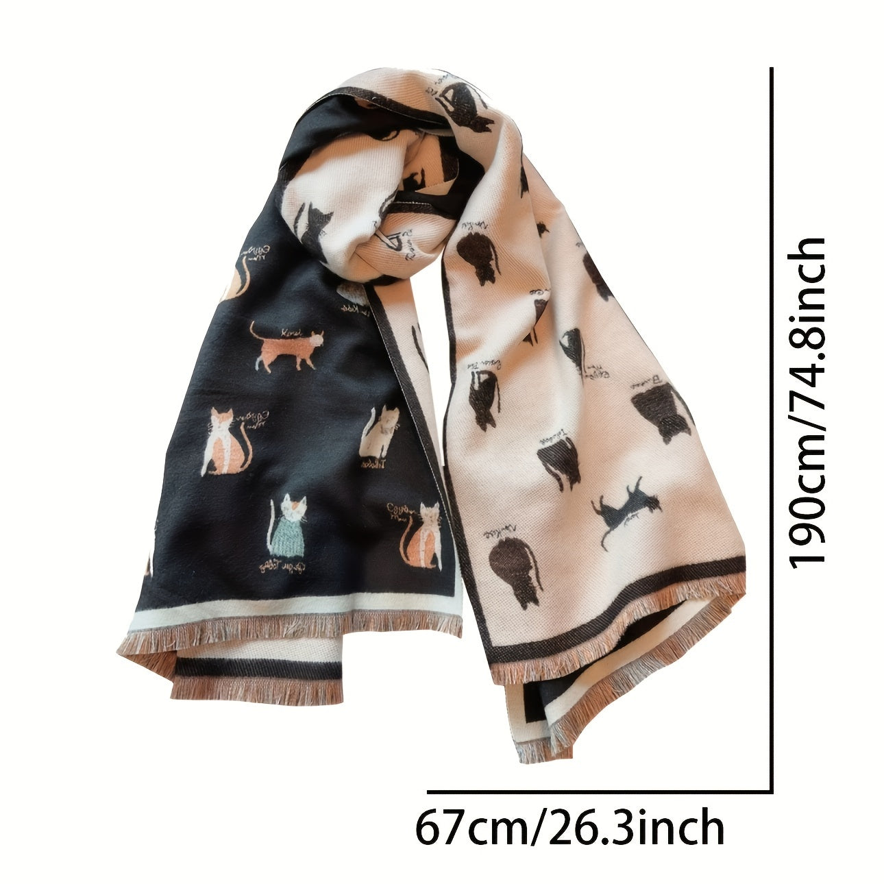 Casual Animal Pattern Embroidered Cat Scarf – Double-Sided Woven Polyester Shawl for Warmth and Style