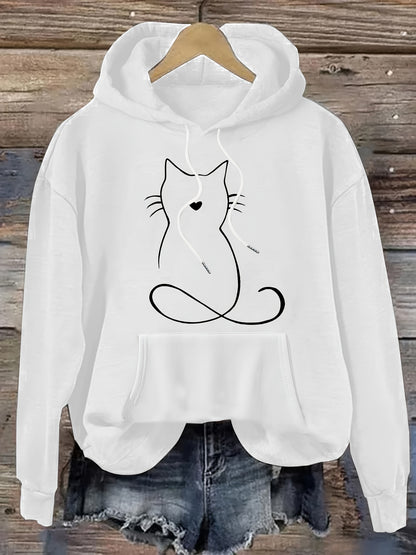 Cat Print Kangaroo Pocket Hoodie – Casual Drawstring Hooded Sweatshirt