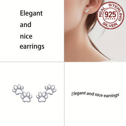 Silvery Cute Animal Paw Design Stud Earrings – Elegant Sterling 925 Silver Jewelry for Daily Casual Wear