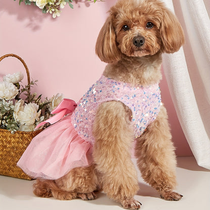 Sparkle and Shine: Pet Sleeveless Sequin Bow Mesh Dress