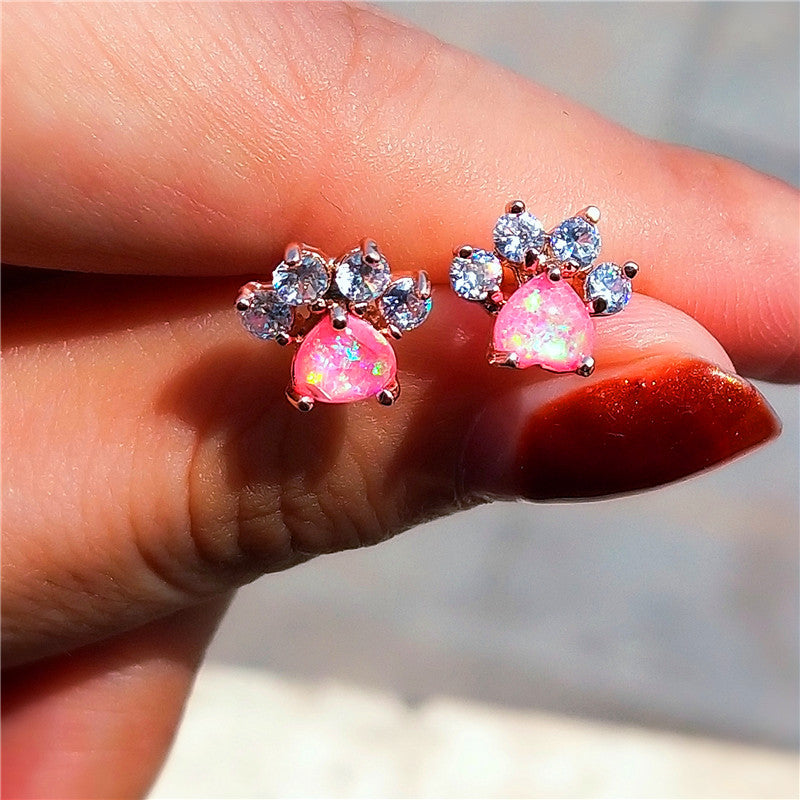 Cute Animal Paw Design with Shiny Artificial Opal Decor Stud Earrings – Y2K Style Copper Jewelry for Daily Wear