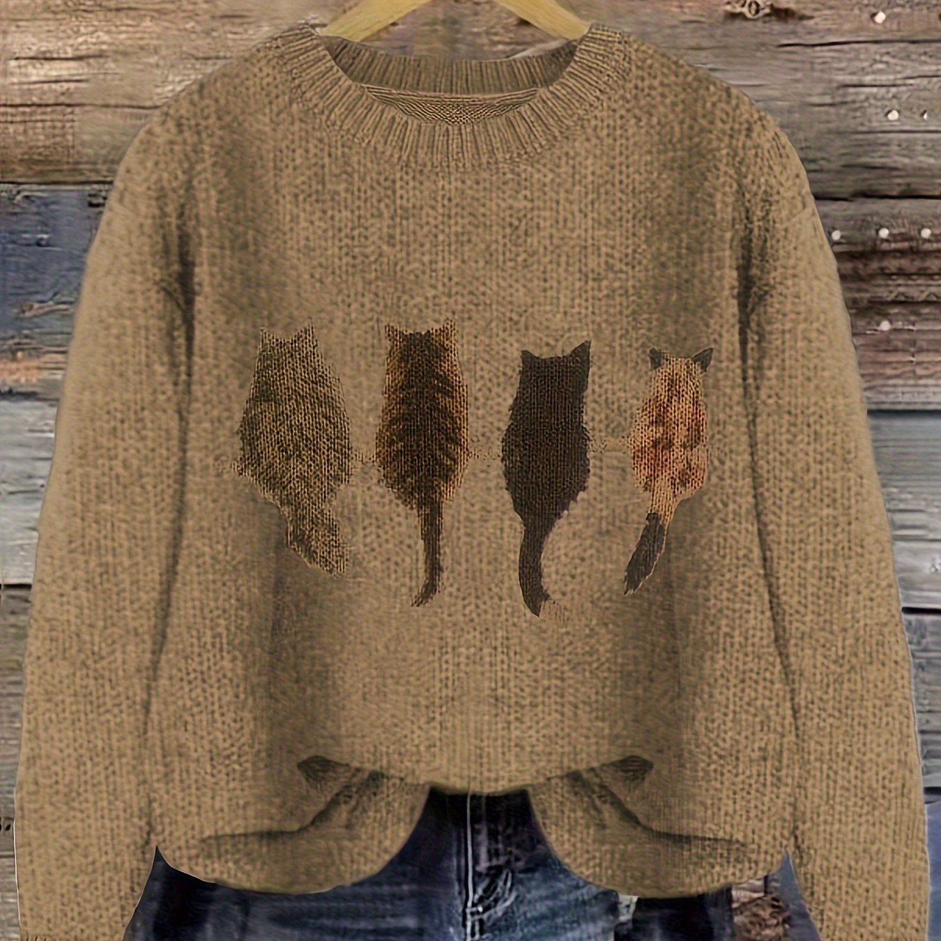 Cat Print Crew Neck Color Block Casual Pullover Sweater