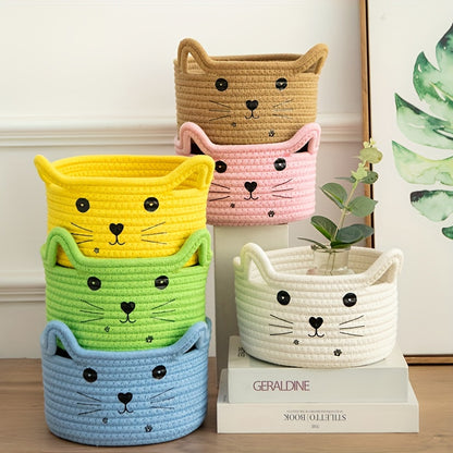 Cat Face Woven Cotton Fabric Storage Basket – Versatile Organizer for Home & Office