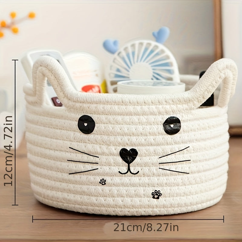 Cat Face Woven Cotton Fabric Storage Basket – Versatile Organizer for Home & Office