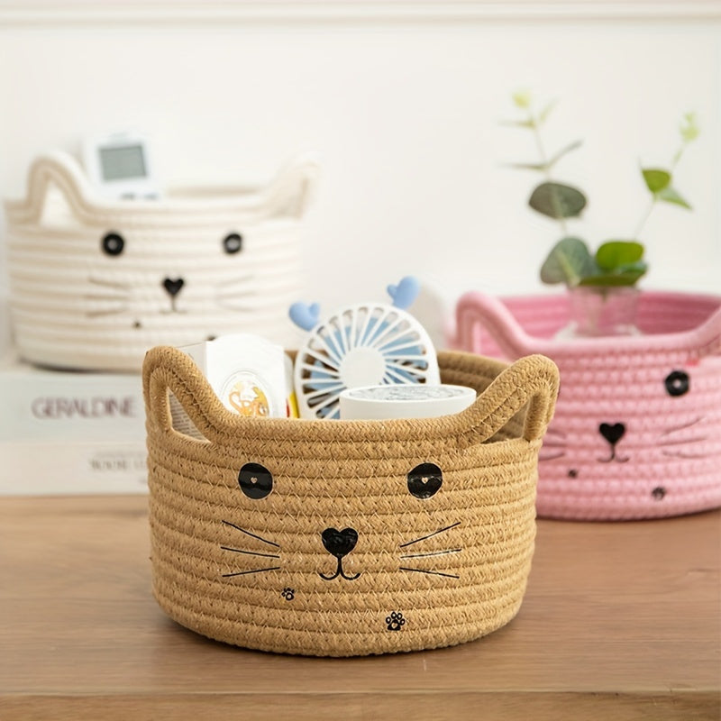 Cat Face Woven Cotton Fabric Storage Basket – Versatile Organizer for Home & Office