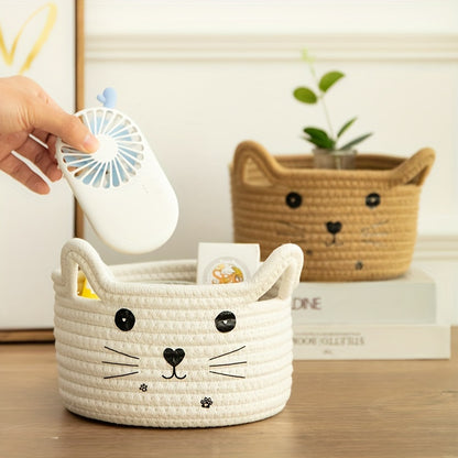 Cat Face Woven Cotton Fabric Storage Basket – Versatile Organizer for Home & Office