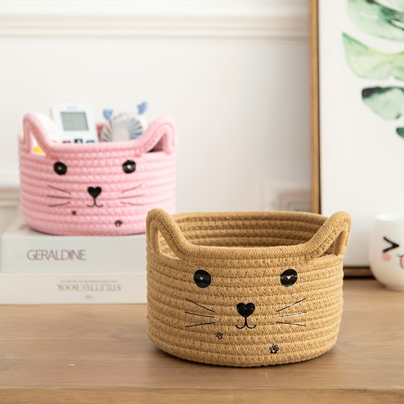 Cat Face Woven Cotton Fabric Storage Basket – Versatile Organizer for Home & Office