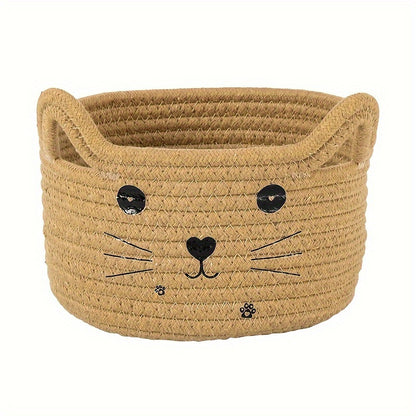 Cat Face Woven Cotton Fabric Storage Basket – Versatile Organizer for Home & Office