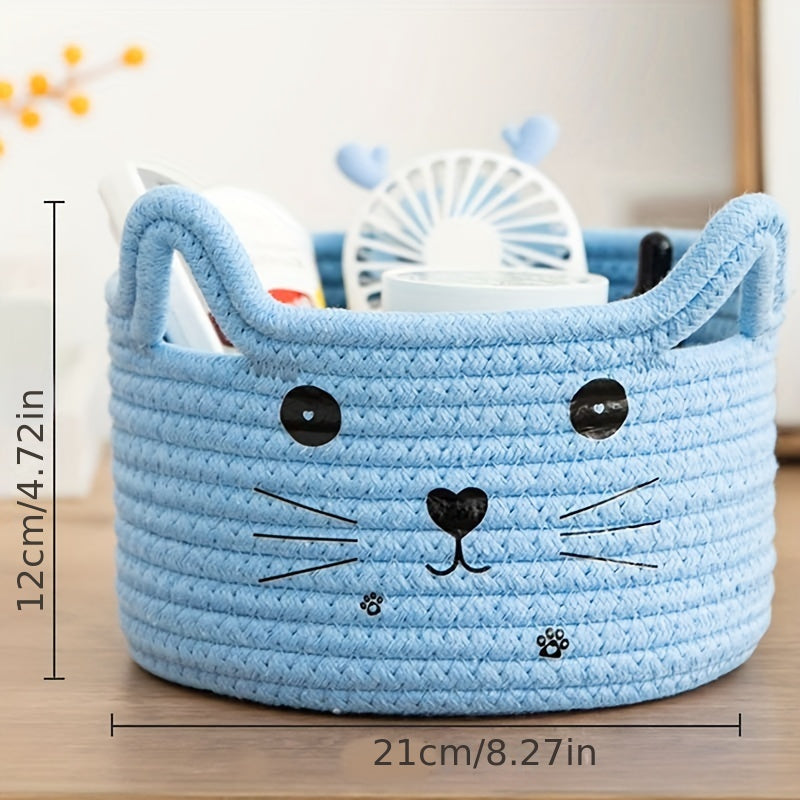 Cat Face Woven Cotton Fabric Storage Basket – Versatile Organizer for Home & Office