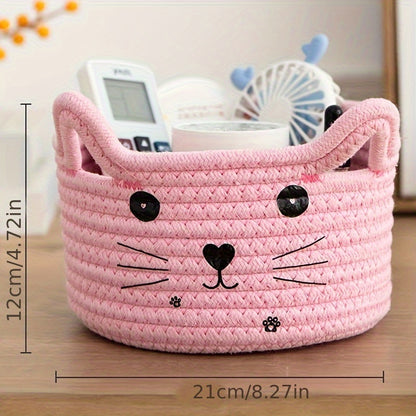 Cat Face Woven Cotton Fabric Storage Basket – Versatile Organizer for Home & Office