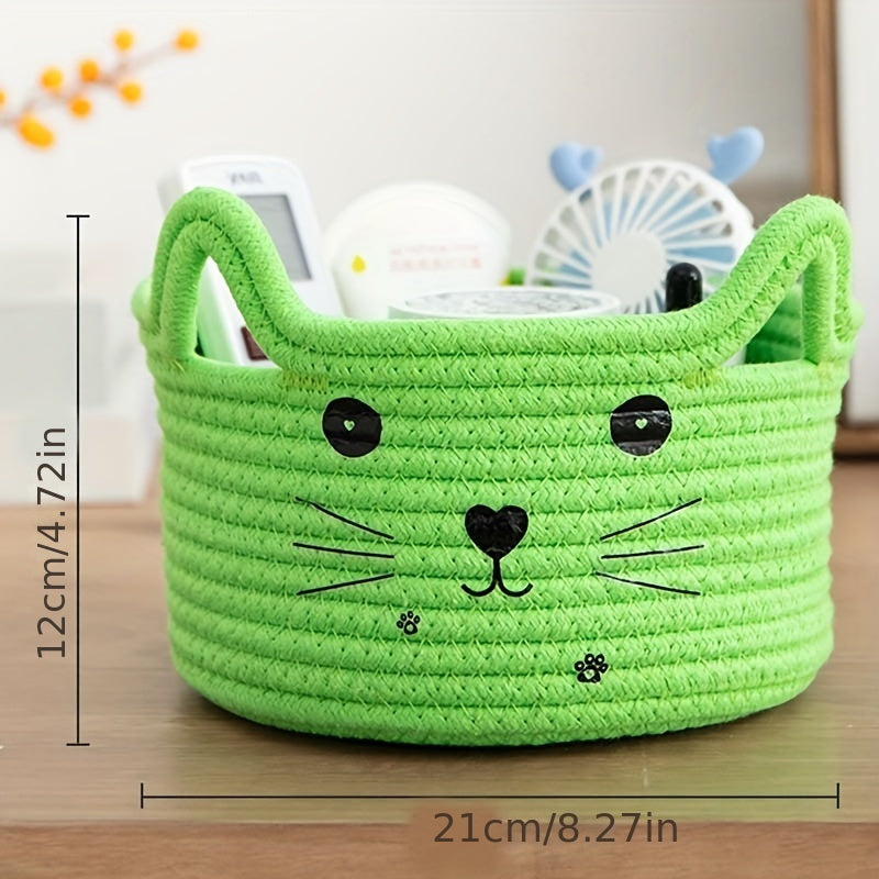 Cat Face Woven Cotton Fabric Storage Basket – Versatile Organizer for Home & Office