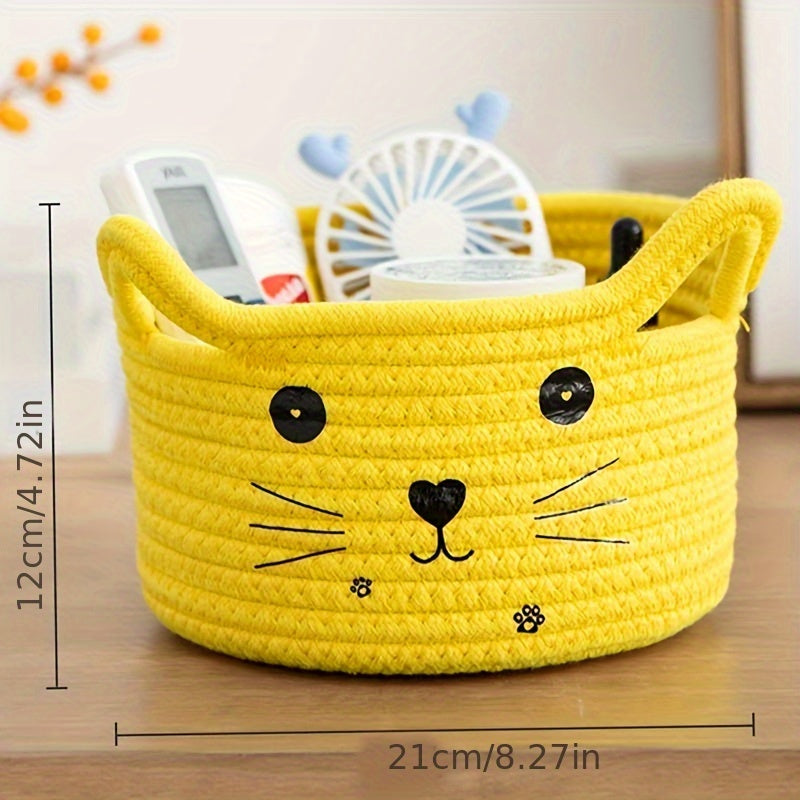 Cat Face Woven Cotton Fabric Storage Basket – Versatile Organizer for Home & Office