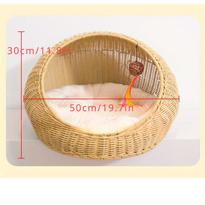 Rattan Woven Whimsy Cat Retreat – Cozy Semi-Enclosed Cat House for Indoor Cats