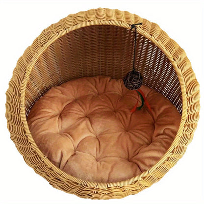 Rattan Woven Whimsy Cat Retreat – Cozy Semi-Enclosed Cat House for Indoor Cats