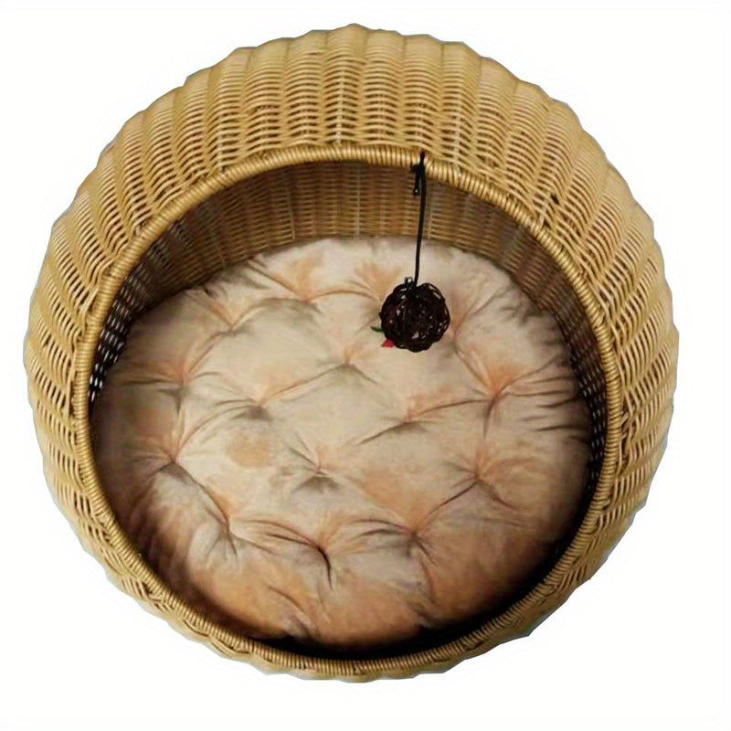 Rattan Woven Whimsy Cat Retreat – Cozy Semi-Enclosed Cat House for Indoor Cats