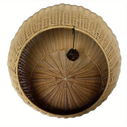 Rattan Woven Whimsy Cat Retreat – Cozy Semi-Enclosed Cat House for Indoor Cats