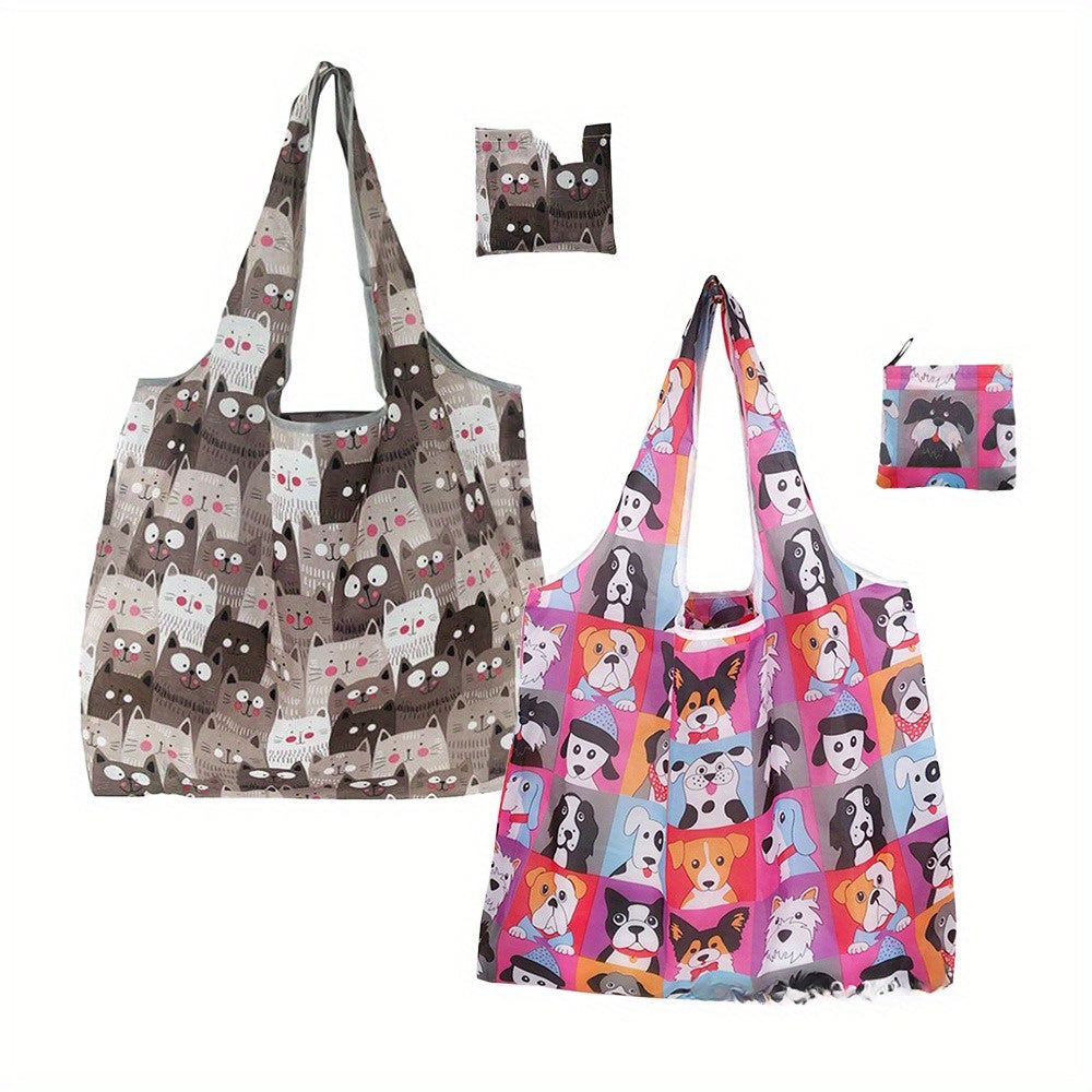 Reusable Polyester Grocery Bags - Cute Cat & Dog Design (2pcs)