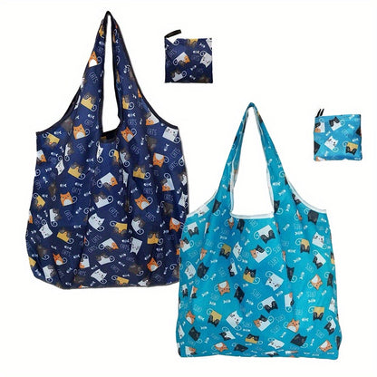 2-Pack Reusable Grocery Tote Bags with Cute Cat Design