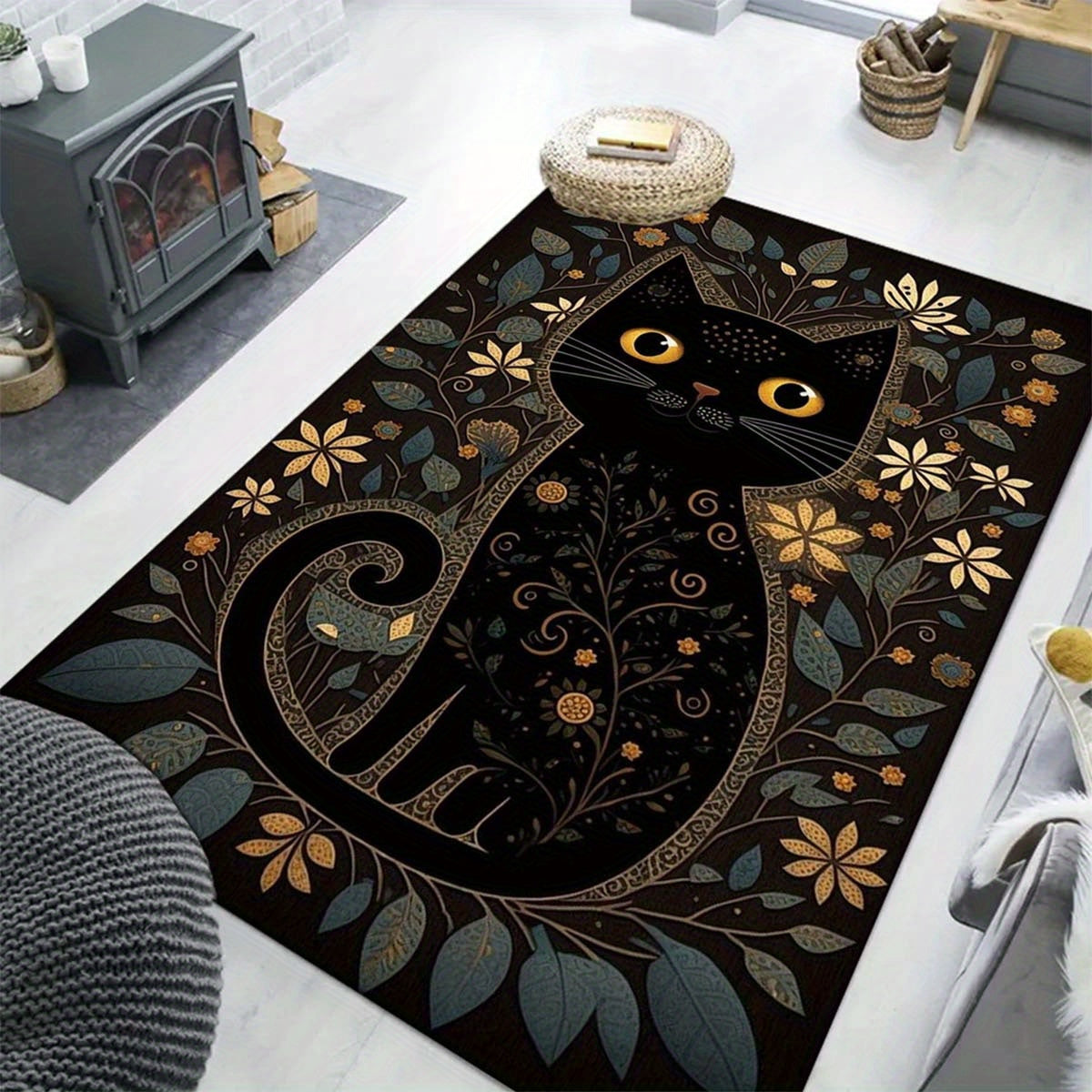 Black Cartoon Cute Cat Polyester Area Rug – Non-Slip Shaggy Carpet