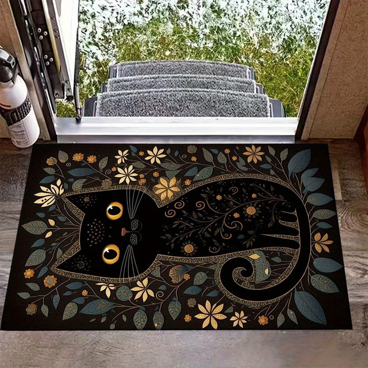 Black Cartoon Cute Cat Polyester Area Rug – Non-Slip Shaggy Carpet