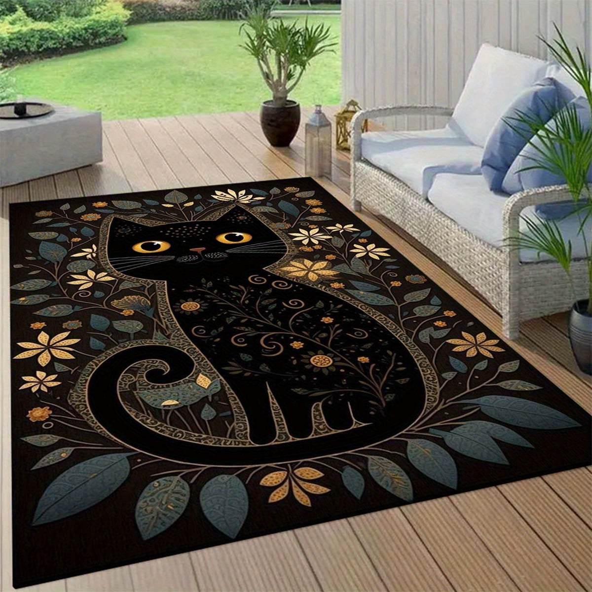 Black Cartoon Cute Cat Polyester Area Rug – Non-Slip Shaggy Carpet