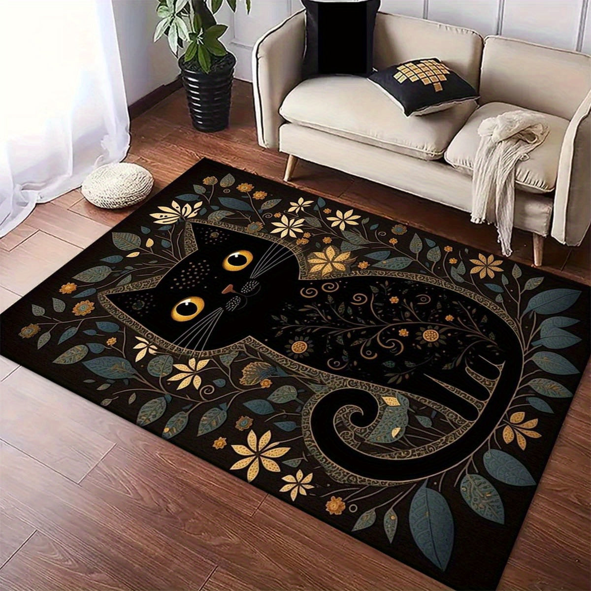 Black Cartoon Cute Cat Polyester Area Rug – Non-Slip Shaggy Carpet