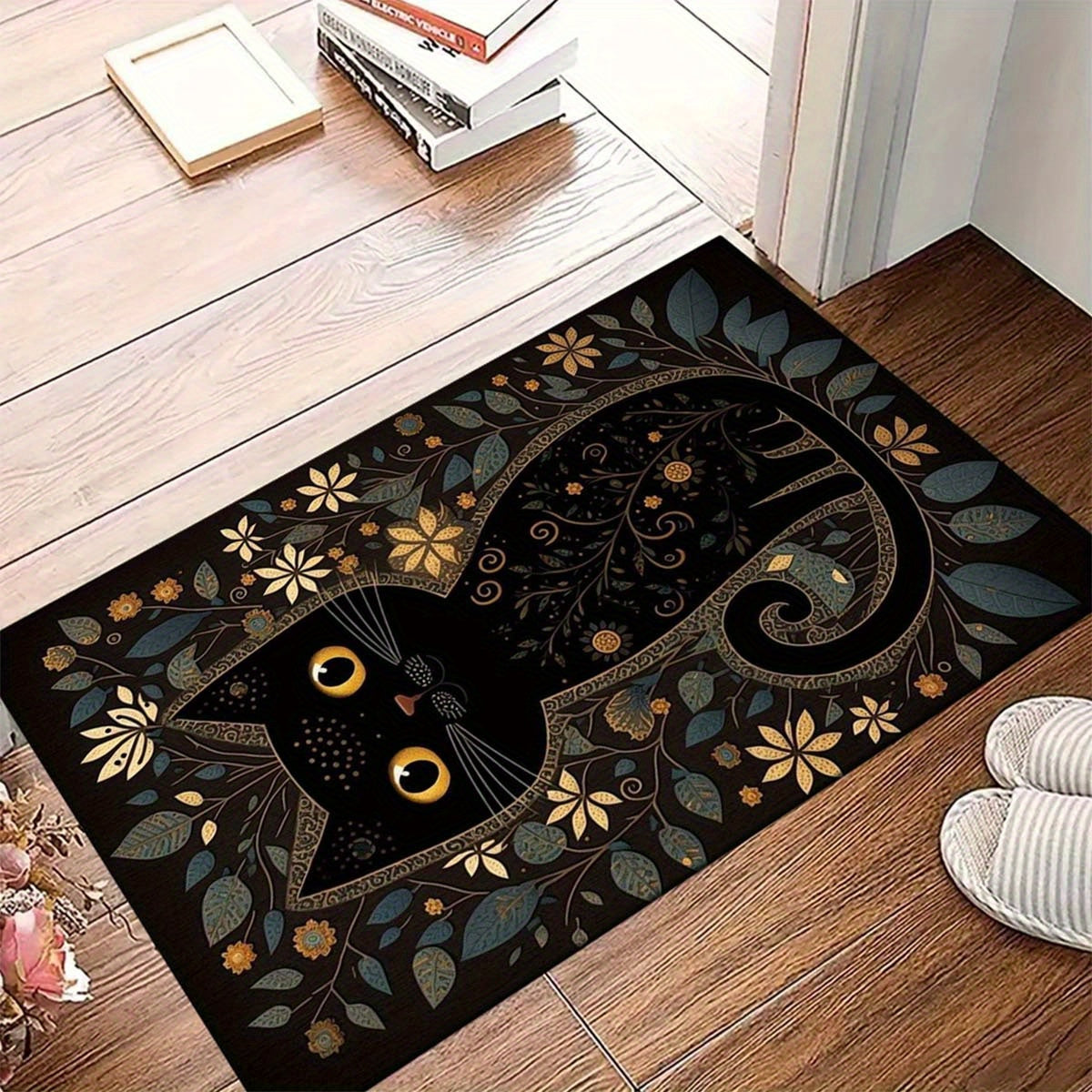 Black Cartoon Cute Cat Polyester Area Rug – Non-Slip Shaggy Carpet