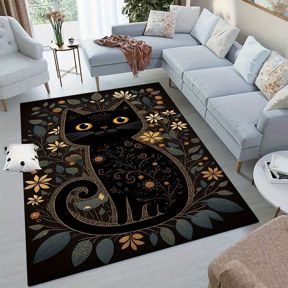 Black Cartoon Cute Cat Polyester Area Rug – Non-Slip Shaggy Carpet