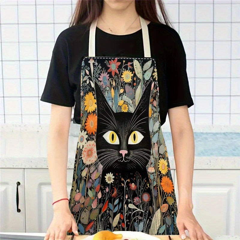 Colorful Cartoon Cat Linen Apron – Creative Style for Cooking and Parties