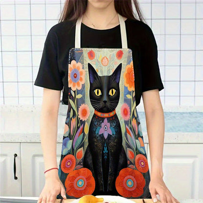 Colorful Cartoon Cat Linen Apron – Creative Style for Cooking and Parties